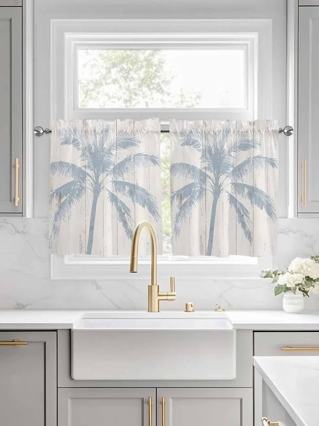 Summer Coconut Tree on Vintage Wood Grain Window Valance Curtains, Seaside - Image 2