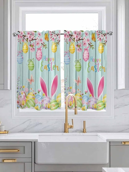 Happy Easter Kitchen Curtains 45 Inches length, Spring Bunny Eggs Flower Teal - Image 3