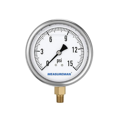 MEASUREMAN Glycerin Filled Plumbing Pressure Gauge 0-15psi Stainless Steel Case by MEASUREMAN