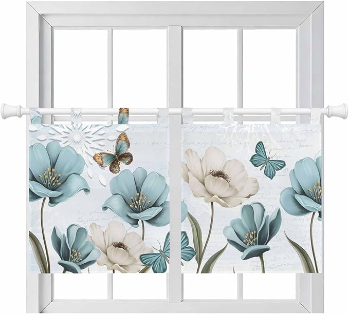 Blue Tulips Kitchen Curtains 24 Inch Length, Small Window Curtains Tab Top by Unknown