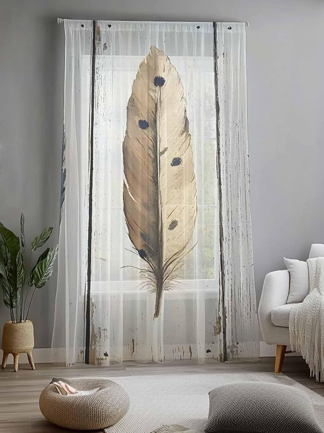 Sheer Curtains 84 Inches Long, Farmhouse Feather Semi Sheer Curtains Light - Image 2