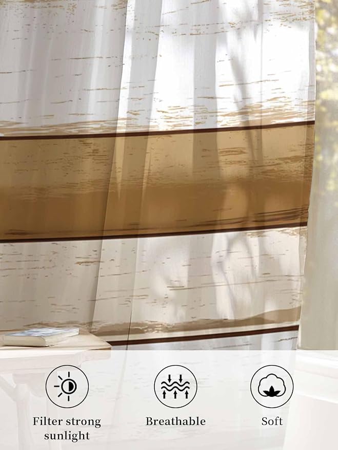 Sheer Curtains 72 Inches Long, Vintage Country Geometric Striped Privacy Voile - Image 6