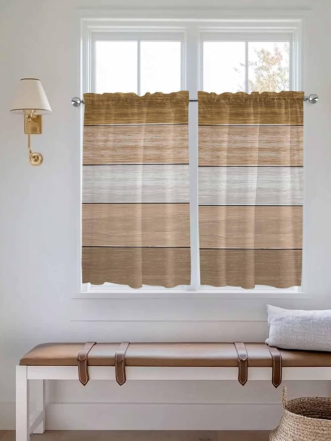 Retro Farm Wood Board Window Valance Curtains, 2 Panel by IDOWMAT