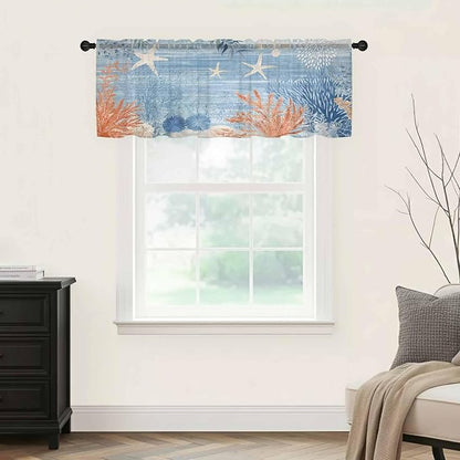 Ocean Corals Sheer Valance Curtains, Summer Beach Coral Sea Stars Blue Stripes - Image 5