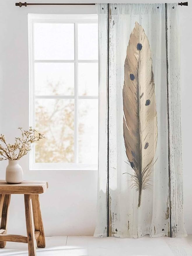 Sheer Curtains 84 Inches Long, Farmhouse Feather Semi Sheer Curtains Light - Image 3