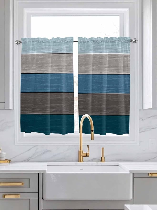 Retro Farm Blue Gray Wood Grain Window Valance Curtains, Rustic Wooden Plank - Image 2