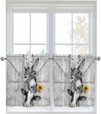 Grey Farmhouse Half Window Curtain 36 Inches Long, Vintage Sunflowers Animals by Unknown