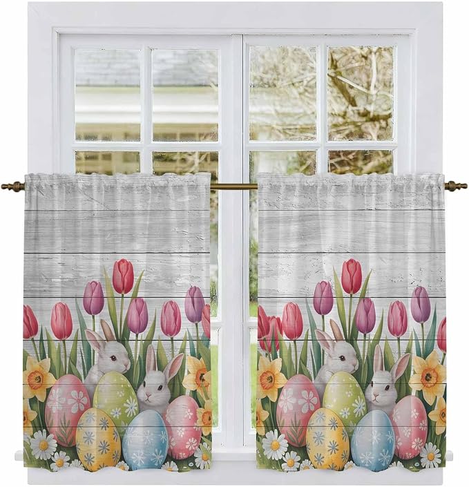 Easter Kitchen Curtains 45 Inch Long 2 Panel Set, Rod Pocket Window Treatment - Image 2
