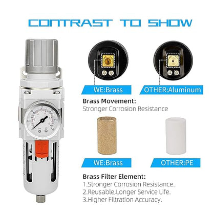NANPU 1/2" NPT Compressed Air Filter Regulator Combo Piggyback, 5 Micron Brass - Image 5