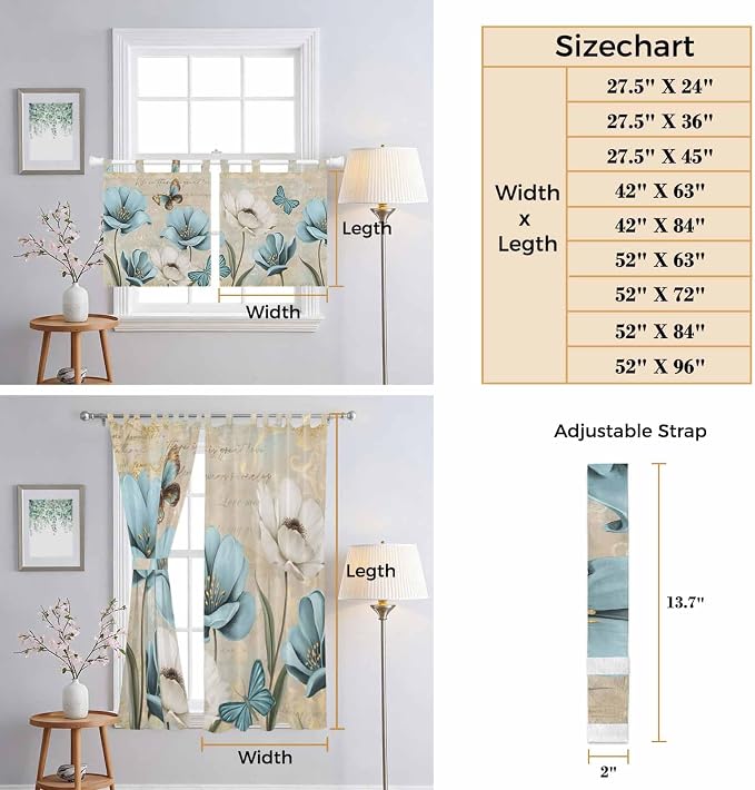Spring Flowers Kitchen Curtains 45 Inch Length, Short Cafe Window Curtains Tab - Image 8