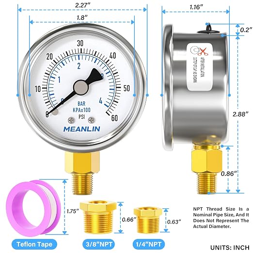 MEANLIN MEASURE 0~60Psi Dry Pressure Gauge Stainless Steel 1/8" NPT 2" FACE - Image 2