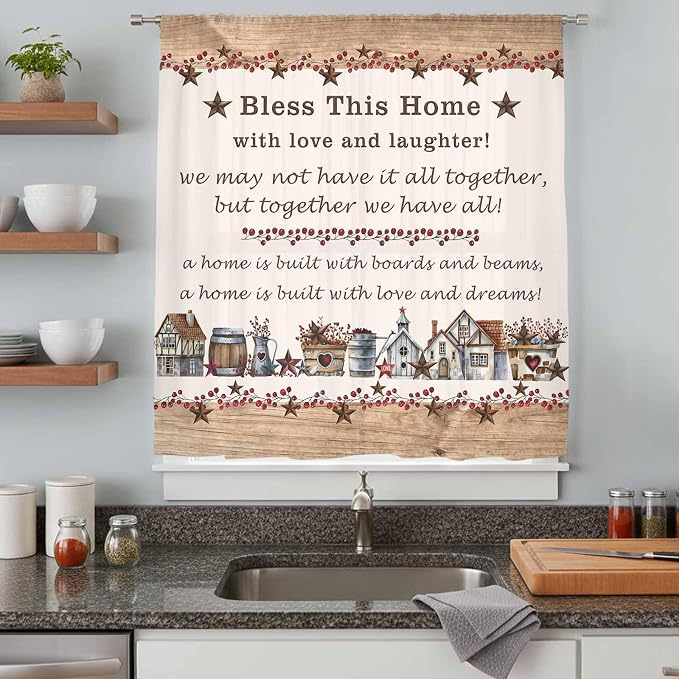 Farmhouse Sheer Curtains 54 Inch Length Country Star Barn Berry Brown Wood - Image 8