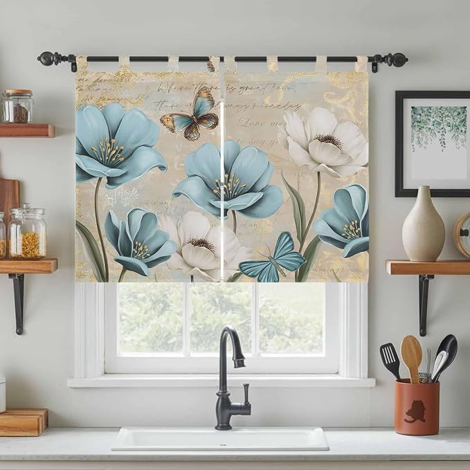 Spring Flowers Kitchen Curtains 45 Inch Length, Short Cafe Window Curtains Tab - Image 3