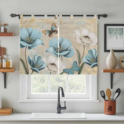 Spring Flowers Kitchen Curtains 45 Inch Length, Short Cafe Window Curtains Tab - Image 3
