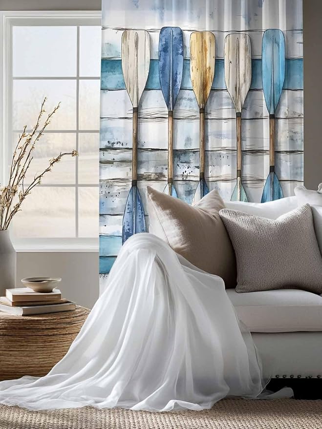 Sheer Curtains 72 Inches Long, Lake Paddle Striped Semi Sheer Curtains Light - Image 4