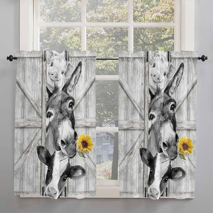 Grey Farmhouse Kitchen Curtains 45 Inches Length, Vintage Sunflowers Animals - Image 2