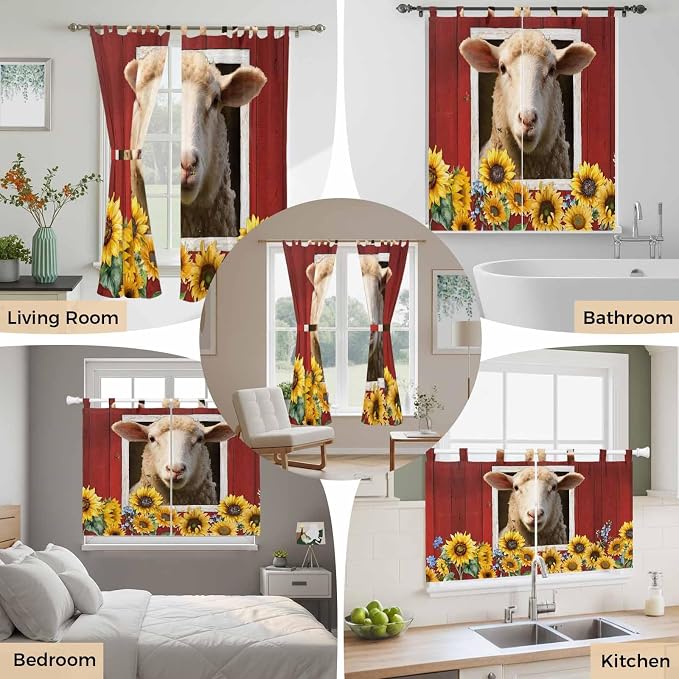 Sheep Sunflower Bedroom Curtains 63 Inch Length, Window Curtains Tab Top - Image 7