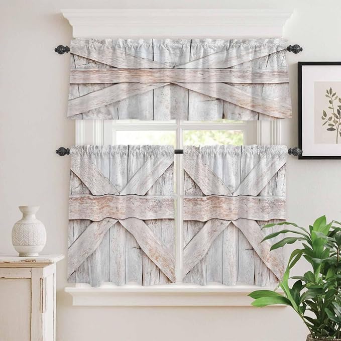 Kitchen Window Curtains Valance and Tier Set, Farmhouse Retro Wooden Barn Rod by Unknown