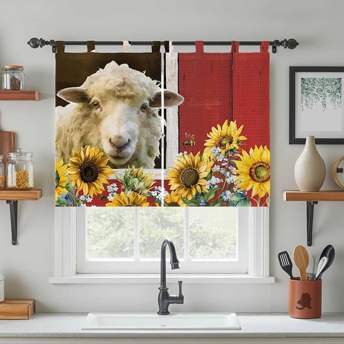 Sheep Flowers Bedroom Curtains 63 Inch Length, Window Curtains Tab Top - Image 3