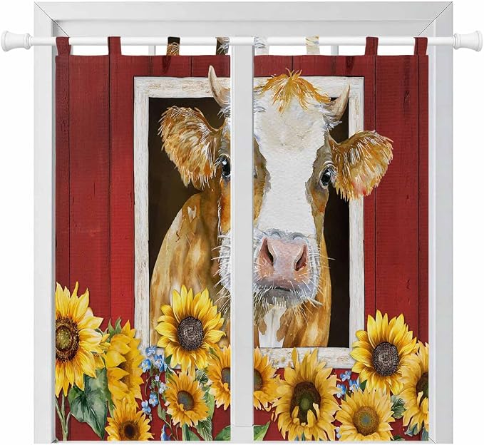 Cows Sunflowers Living Room Curtains 84 Inch Length, Window Curtains Tab Top by Unknown