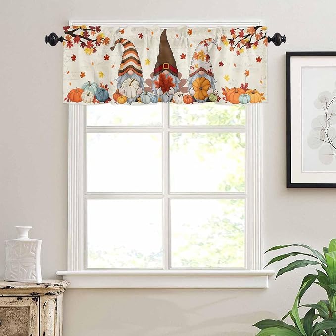 Fall Kitchen Curtain Set, Thanksgiving Gnomes Maple Leaf Pumpkin Beige Window - Image 7