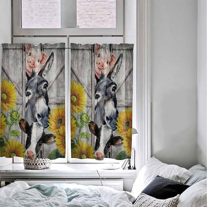 Farmhouse Kitchen Curtains 54 Inches length, Vintage Sunflowers Animals Printed - Image 5