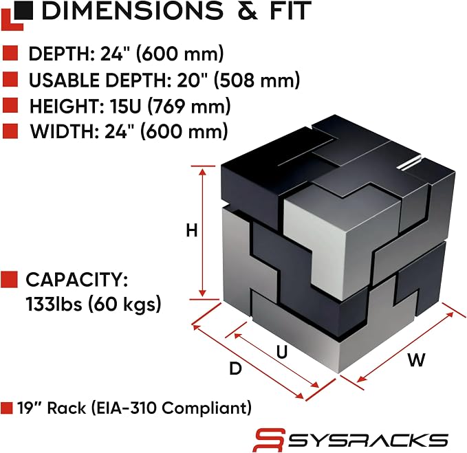 Sysracks 15U Wall Mount Server Rack Cabinet, 19” Locking Network Rack, 24” Deep - Image 3