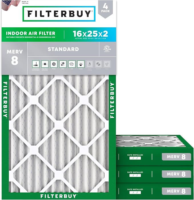Filterbuy 16x25x2 Air Filter MERV 8 Essential Dust & Allergy Defense, by Filterbuy