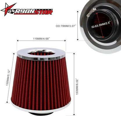 RYANSTAR RACING 63mm 2.5" High Flow Round Tapered Cone Cool Air Filter Cleaner - Image 2