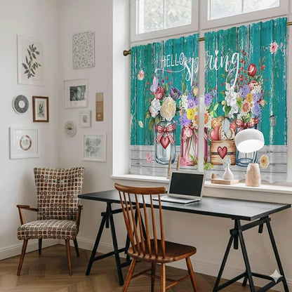 Spring Flowers Kitchen Curtains, Farmhouse Watercolor Teal Wood Grain Light - Image 6
