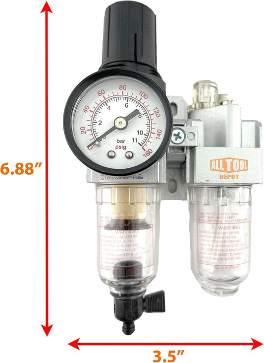 1/4" NPT Mini Compressed Air In Line Filter Regulator Lubricator Oiler Combo - Image 2