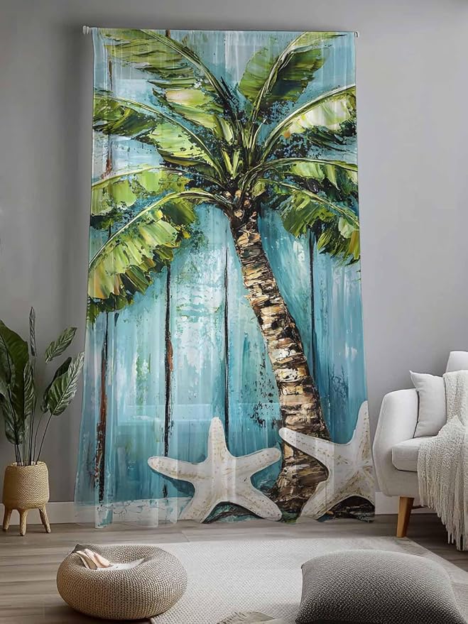 Sheer Curtains 84 Inches Long, Coastal Beach Starfish Semi Sheer Curtains Light - Image 2