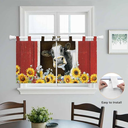 Cows Sunflowers Kitchen Curtains 24 Inch Length, Small Window Curtains Tab Top - Image 4