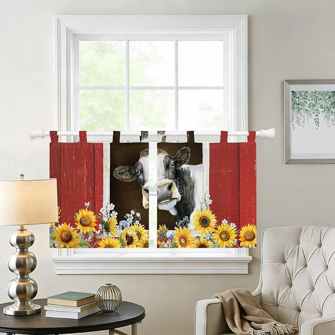 Cows Sunflowers Kitchen Curtains 24 Inch Length, Small Window Curtains Tab Top - Image 2