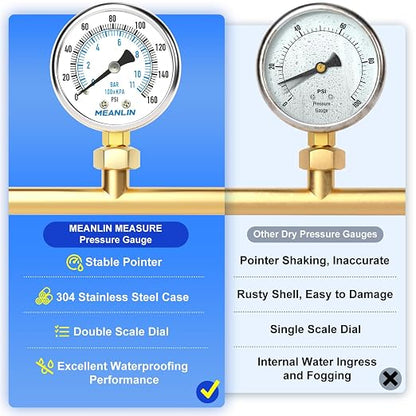 MEANLIN MEASURE 0~160Psi Dry Pressure Gauge Stainless Steel 1/4" NPT 2" FACE - Image 5