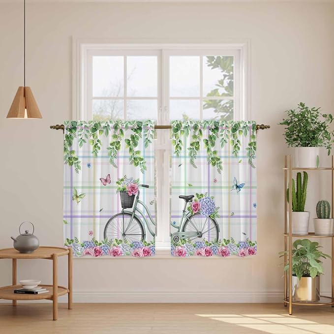 Spring Tier Curtains, Bicycles Botanical Leaves Rose Colorful Stripes Light - Image 3