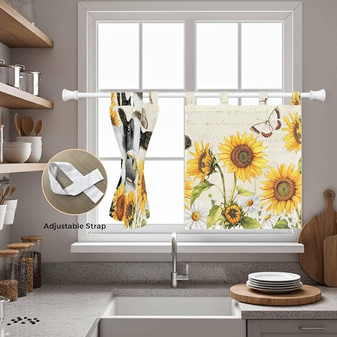 Yellow Sunflowers Kitchen Curtains 24 Inch Length, Small Window Curtains Tab Top - Image 5