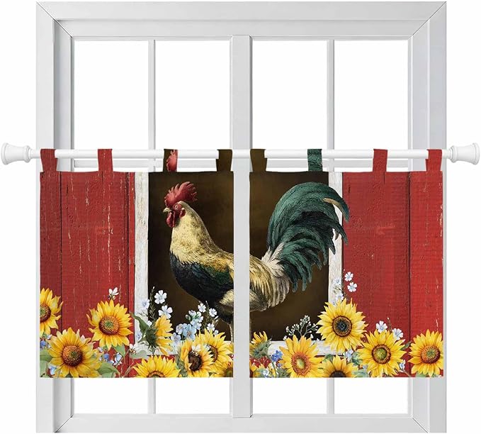 Chicken Sunflowers Kitchen Curtains 24 Inch Length, Small Window Curtains Tab by Unknown