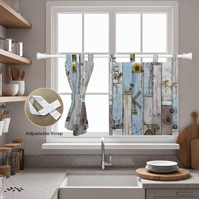 Blue Grey Wooden Kitchen Curtains 36 Inch Length, Small Window Curtains Tab Top - Image 5