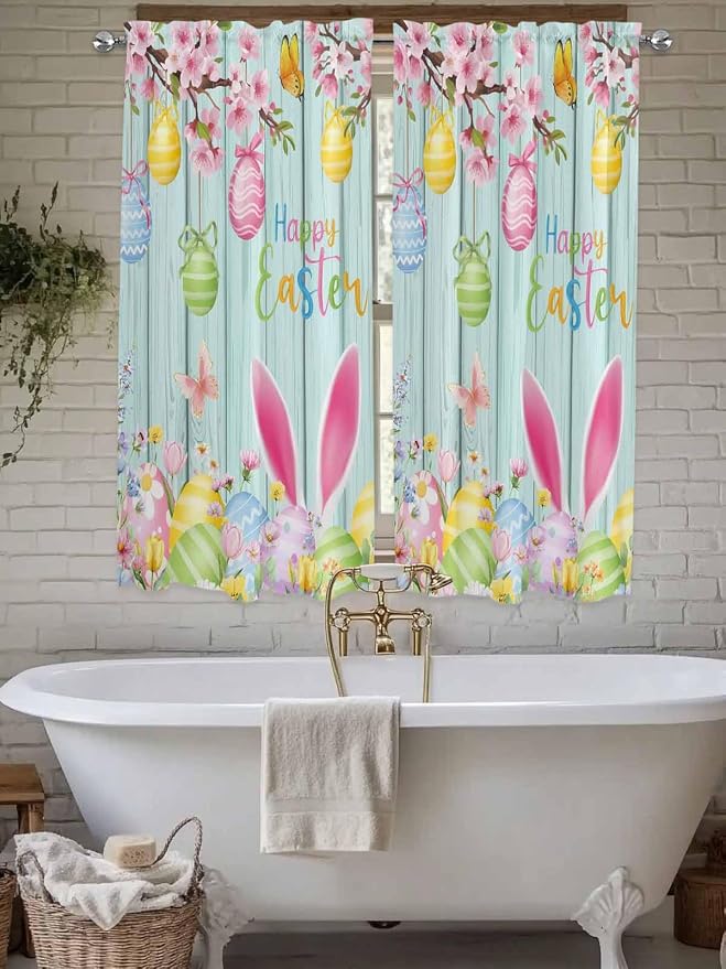 Happy Easter Bedroom Curtains 63 Inches length, Spring Bunny Eggs Flower Teal - Image 7