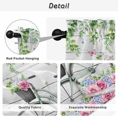 Spring Tier Curtains, Bicycles Botanical Rose Leaves Butterfly Wood Grain Light - Image 9