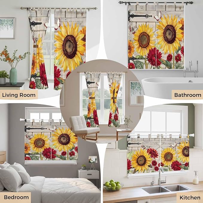 Red Yellow Sunflowers Bathroom Curtains 63 Inch Length, Window Curtains Tab Top - Image 7