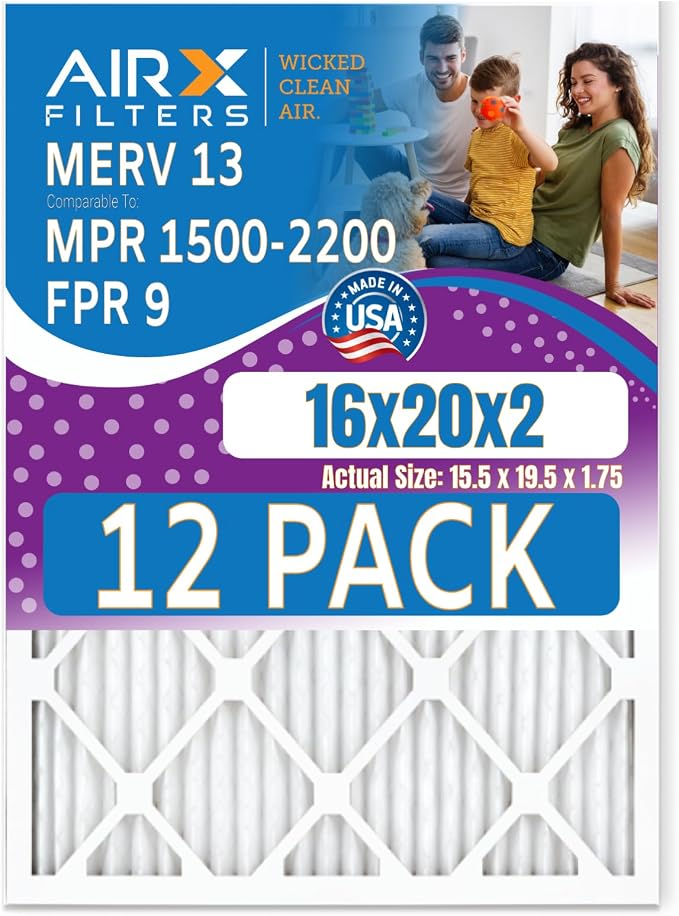 16x20x2 Air Filter MERV 13 Rating, 12 Pack of Furnace Filters Comparable to MPR by AIRXFILTERSWICKEDCLEANAIR
