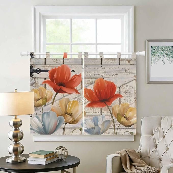 Retro Floral Kitchen Curtains 45 Inch Length, Short Cafe Window Curtains Tab Top - Image 2
