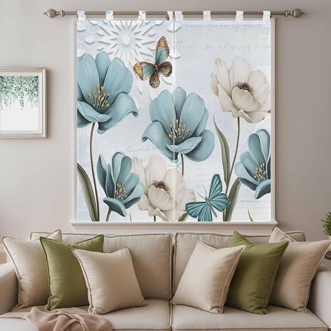 Blue Tulips Bathroom Curtains 63 Inch Length, Window Curtains Tab Top, - Image 9