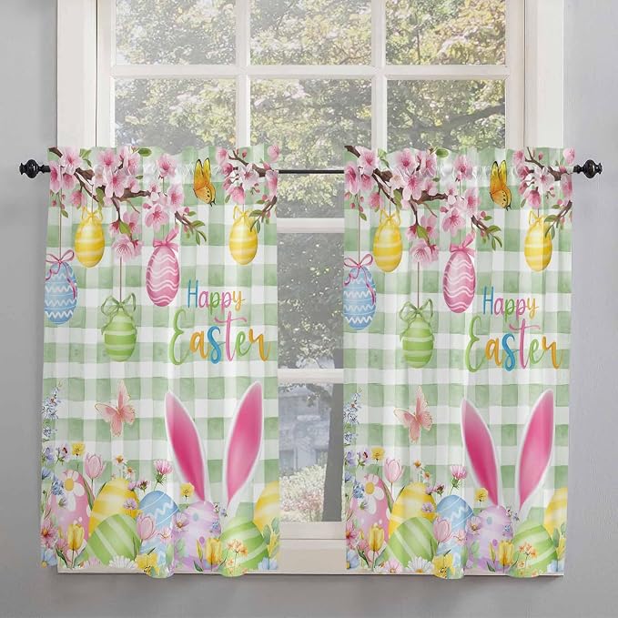 Happy Easter Tier Curtains 45 Inches Long, Spring Bunny Eggs Flower Sage Green - Image 2