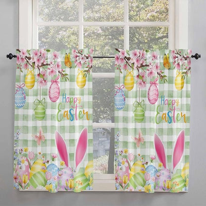 Happy Easter Tier Curtains 45 Inches Long, Spring Bunny Eggs Flower Sage Green - Image 2