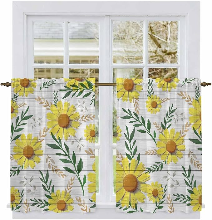 Yellow Daisy Kitchen Curtains, Farmhouse Country Flower Leaf Plant Wood Grain by Unknown