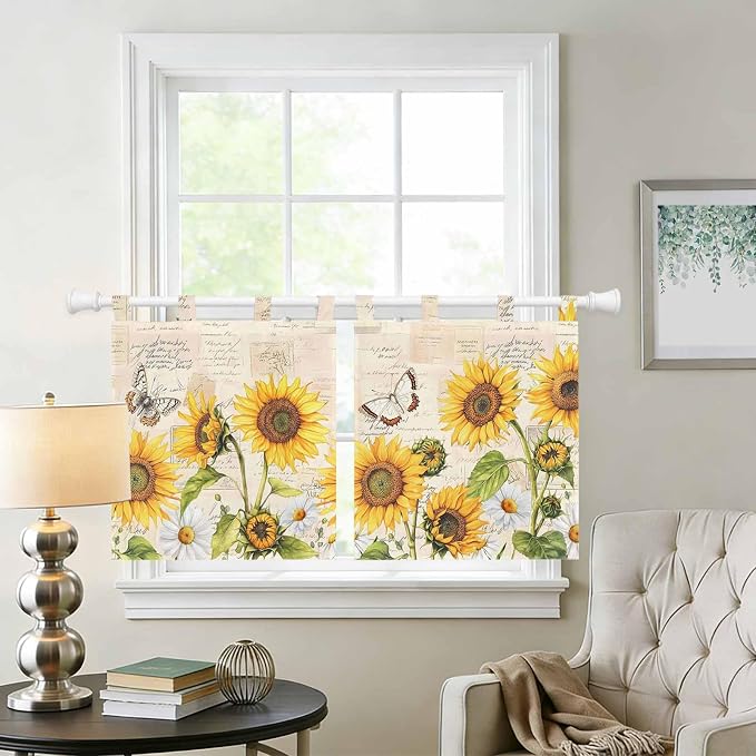 Yellow Sunflowers Kitchen Curtains 36 Inch Length, Small Window Curtains Tab Top - Image 2