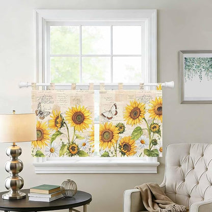 Yellow Sunflowers Kitchen Curtains 36 Inch Length, Small Window Curtains Tab Top - Image 2